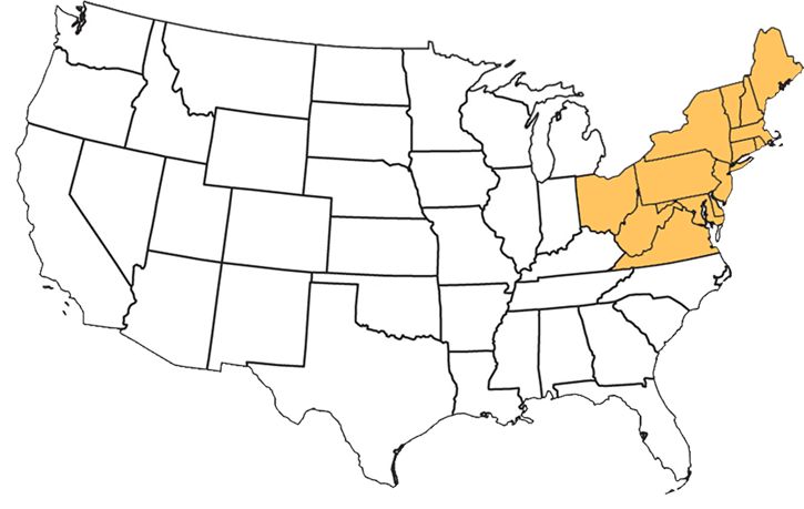 Service area covering the Northeast and surrounding regions