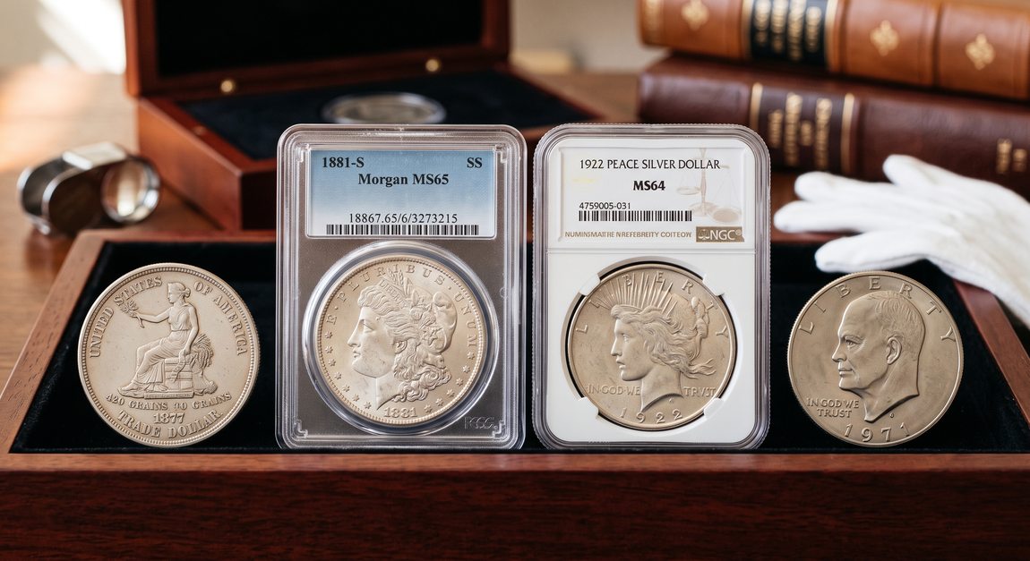 1881-S Morgan and 1922 Peace silver dollars in a collector's display case