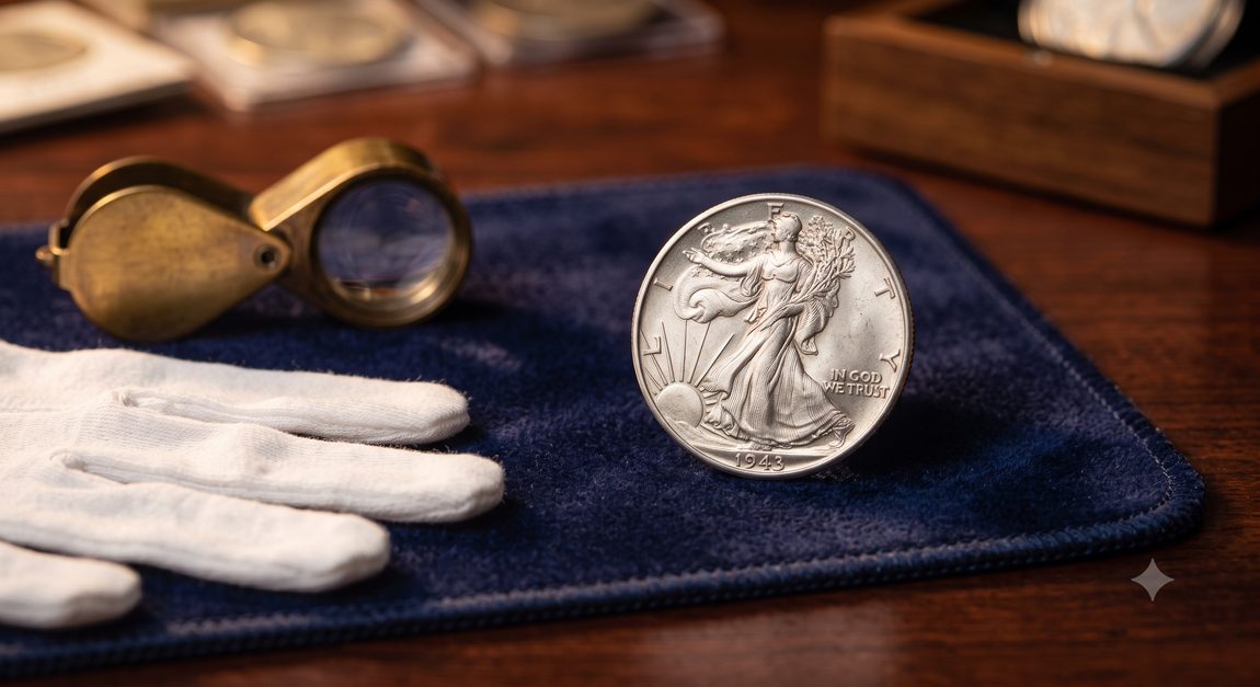1943 Walking Liberty silver coin displayed on a navy blue velvet appraisal mat.