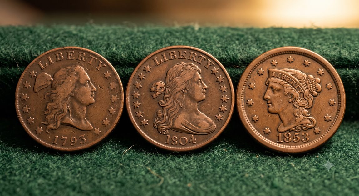 Three antique US copper cents with dates 1793, 1804, 1853, featuring different Liberty profile designs on green felt