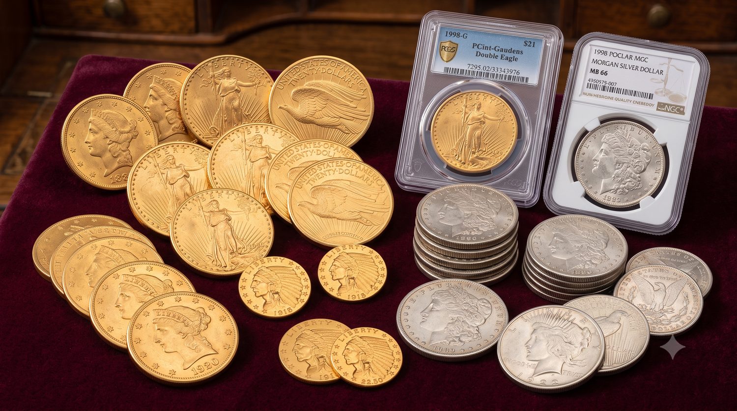 A diverse collection of rare U.S. gold and silver coins, including Saint-Gaudens Double Eagles and Morgan Dollars, some PCGS and NGC certified, displayed on red velvet