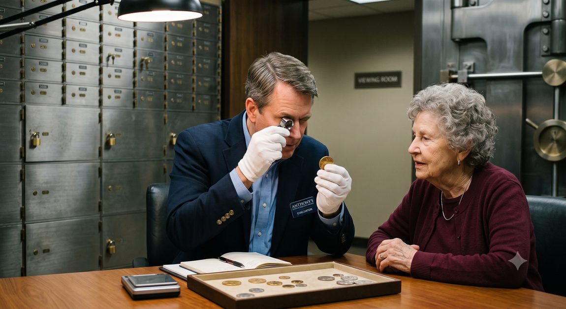 A gloved appraiser examining a gold coin for a client at a desk, with a bank vault and safe deposit boxes in the background