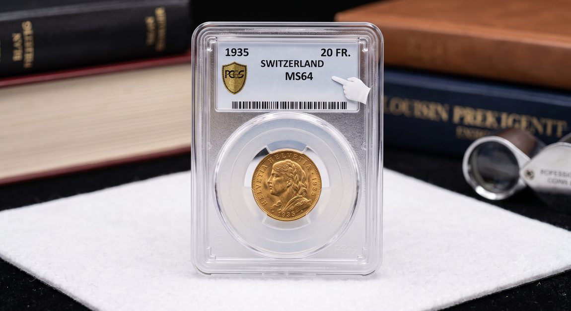 A gold Swiss coin graded MS64 sealed in a tamper-proof grading holder