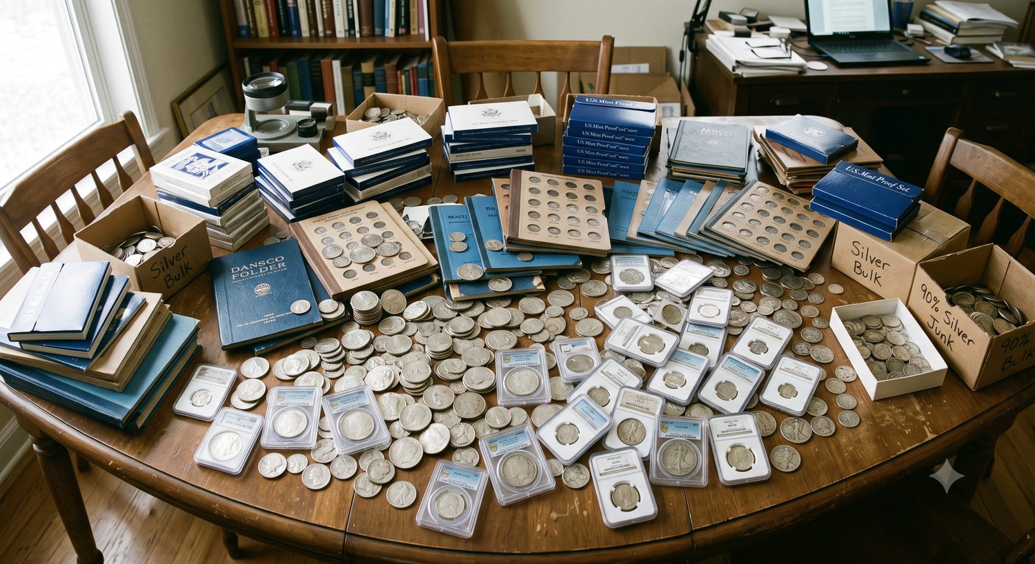 A large, unsorted coin collection spread across a table, including certified slabs, proof sets, and folders