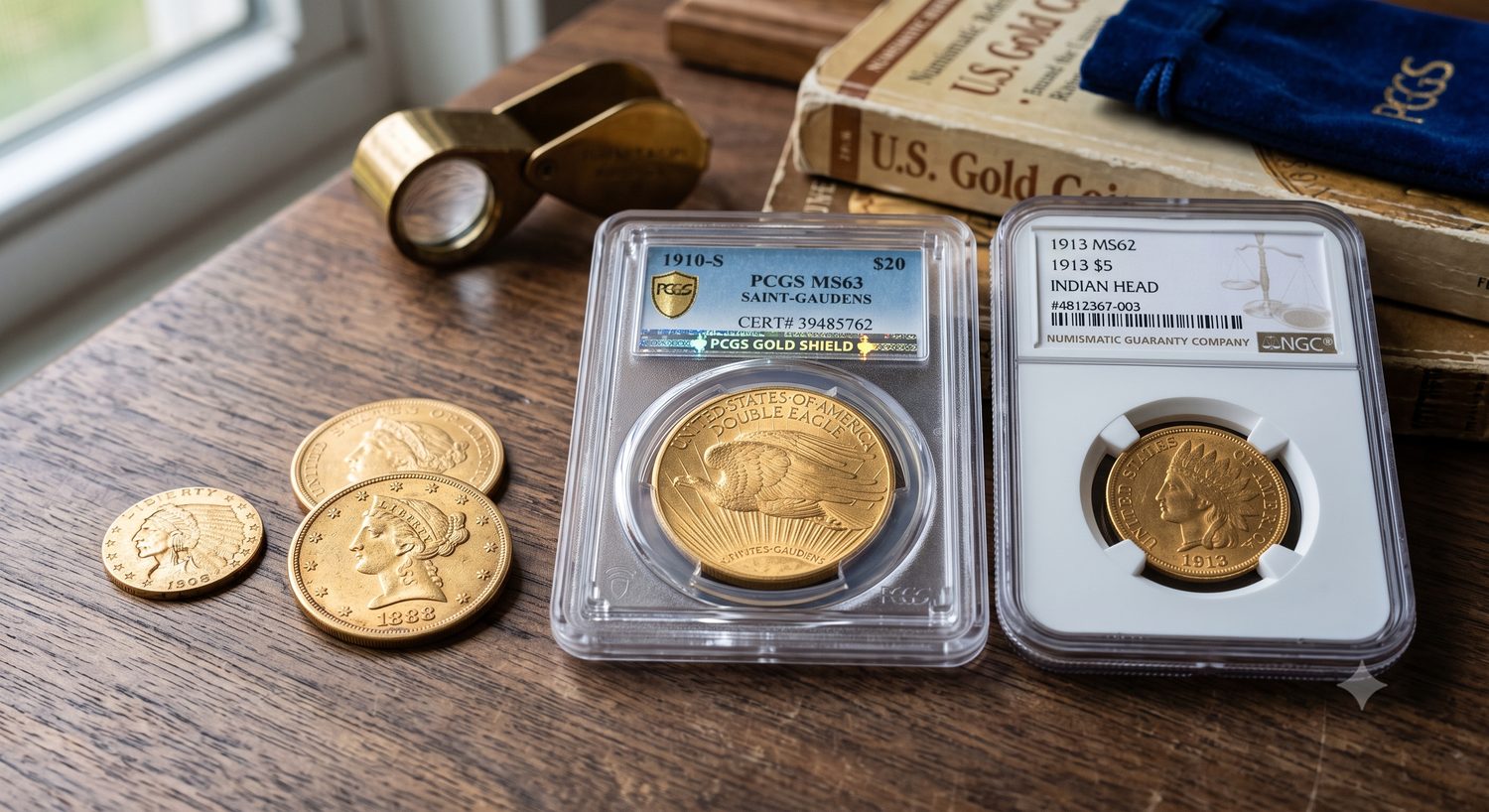 Raw and professionally graded pre-1933 U.S. gold coins alongside a jeweler's loupe and numismatic reference book
