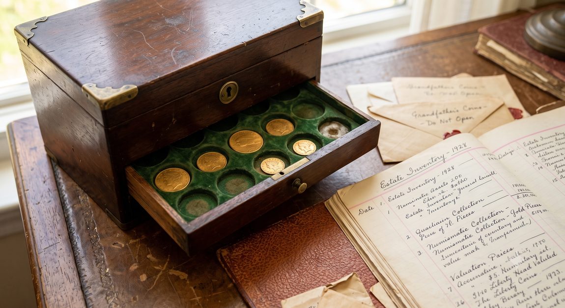 An open wooden collector's box displaying gold coins on green velvet, next to a vintage Estate Inventory ledger and sealed envelopes