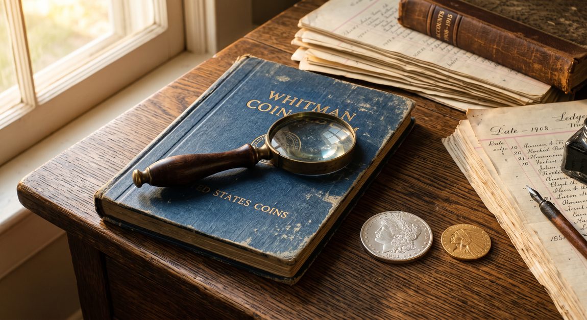 An antique Whitman coin album and magnifying glass on a vintage oak desk with a silver Morgan dollar, an Indian Head gold coin, and old ledger papers