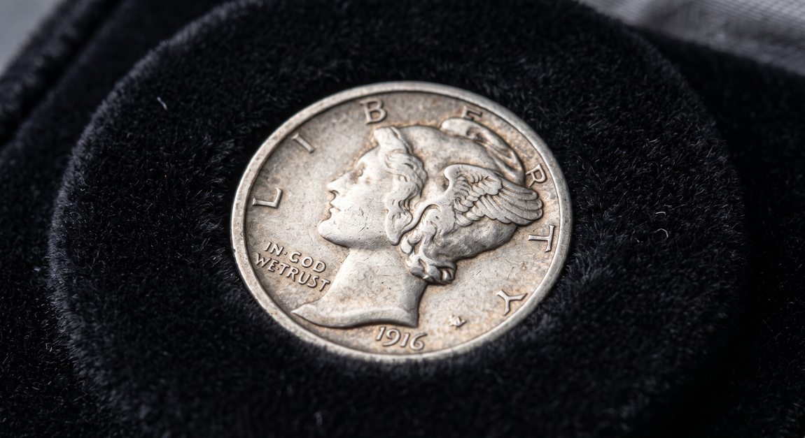 Close-up of a 1916 Mercury Dime showing winged Liberty design