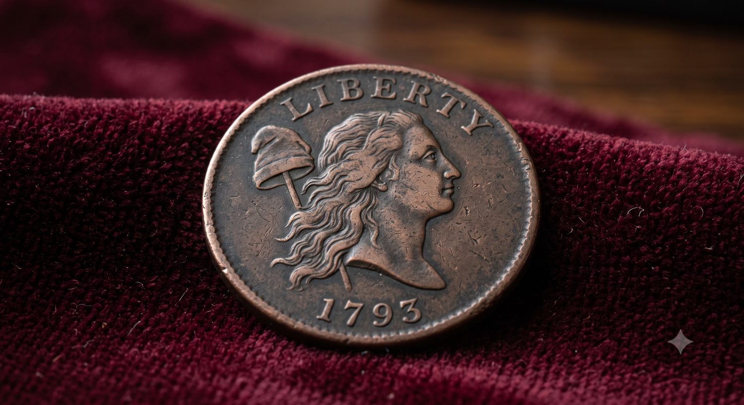 Close-up photo of a 1793 Liberty Cap copper large cent coin on velvet