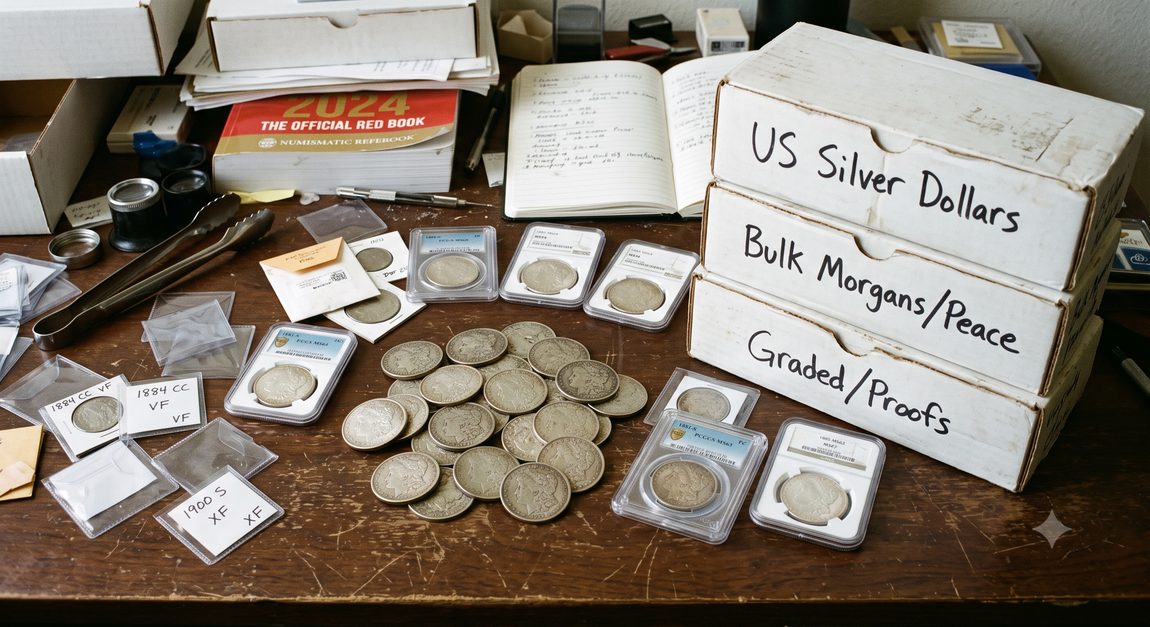A collector's desk covered in labeled storage boxes, loose Morgan Dollars, and graded slabs