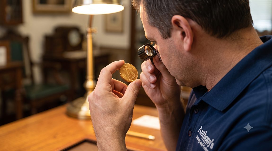 An Anthony's Stamps and Coins expert uses a jeweler's loupe to appraise a Saint-Gaudens Double Eagle coin