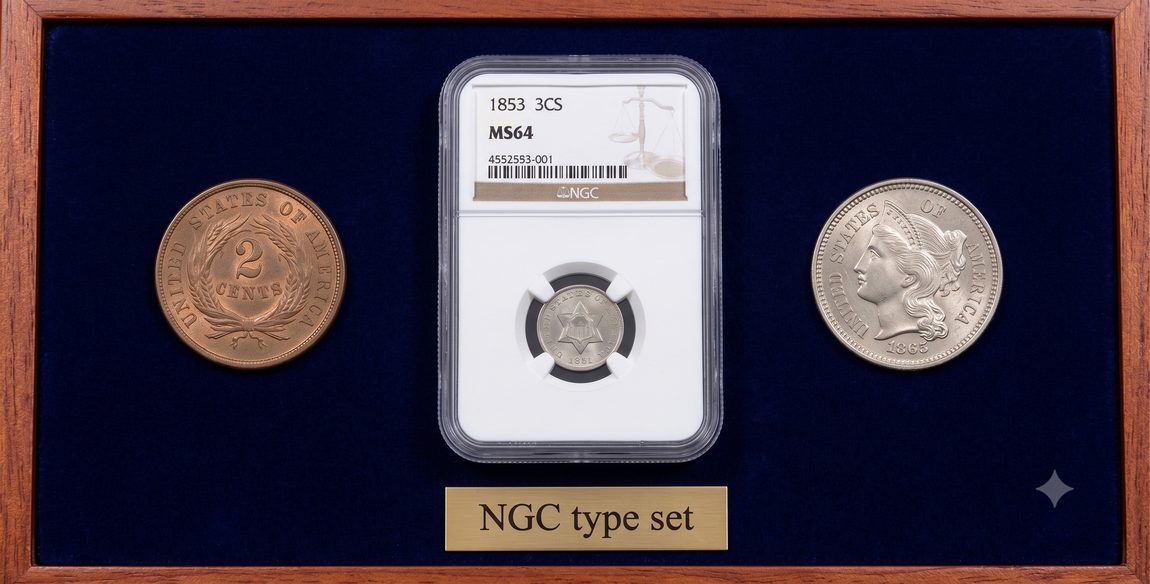 A framed NGC type set featuring a bronze 2-cent piece, a slabbed silver 3-cent piece, and a nickel 3-cent piece