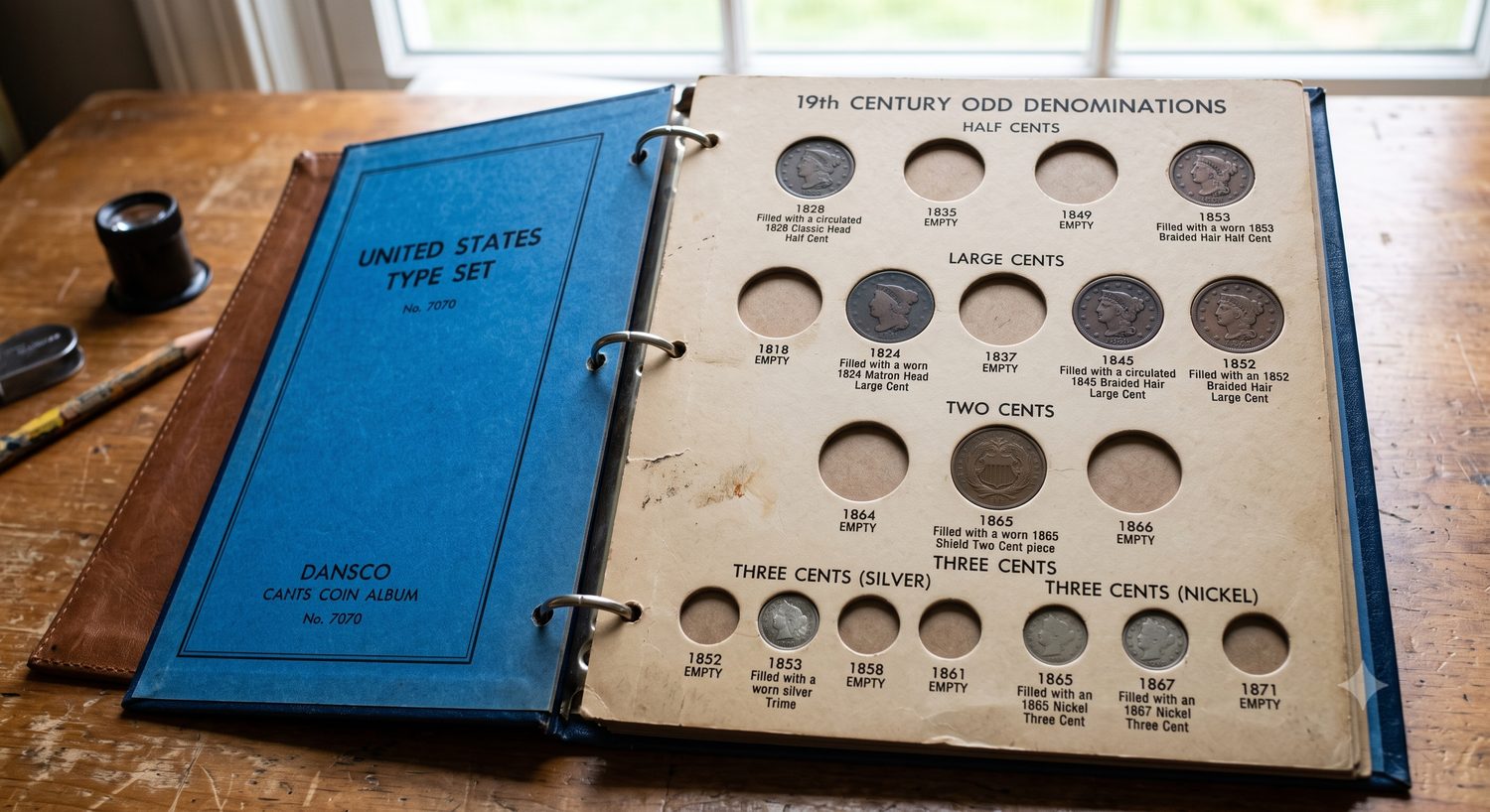 A vintage Dansco coin album open to the 19th Century Odd Denominations page, showing half cents, large cents, and 2-cent and 3-cent pieces