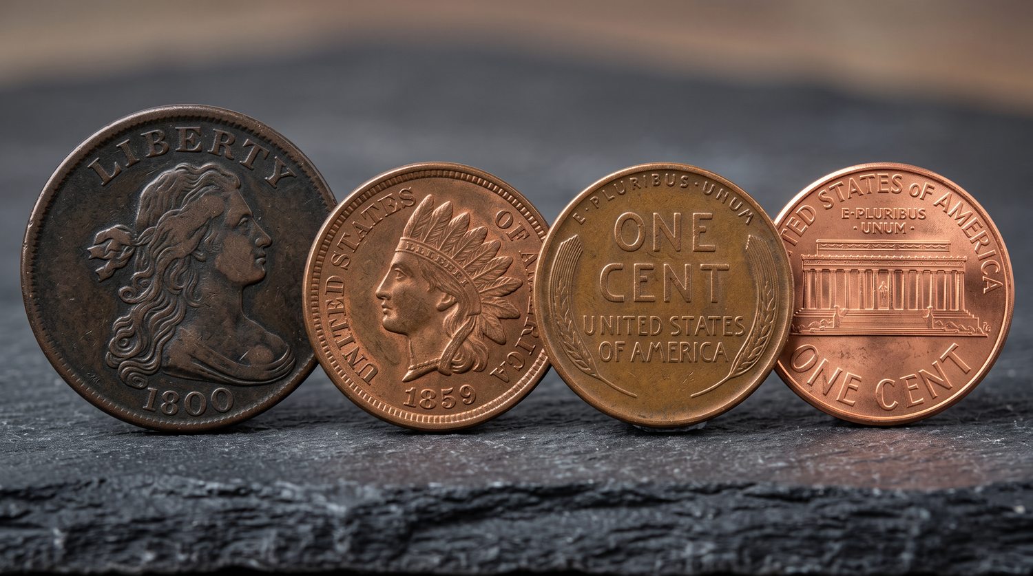 Evolution of the U.S. cent showing Large, Indian Head, Wheat, and Lincoln Memorial pennies