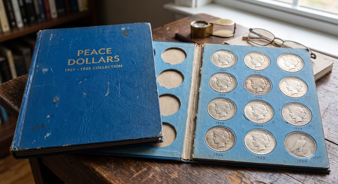 A vintage 1921-1935 Peace Dollars collection folder open, showing slots filled with silver Peace Dollars