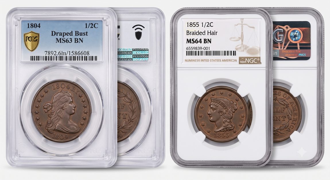 PCGS graded 1804 Draped Bust Half Cent and NGC graded 1855 Braided Hair Half Cent showing obverse and reverse sides in protective slabs