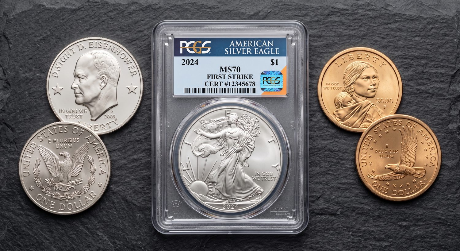Graded PCGS American Silver Eagle coin flanked by Sacagawea and Eisenhower dollar coins on dark slate