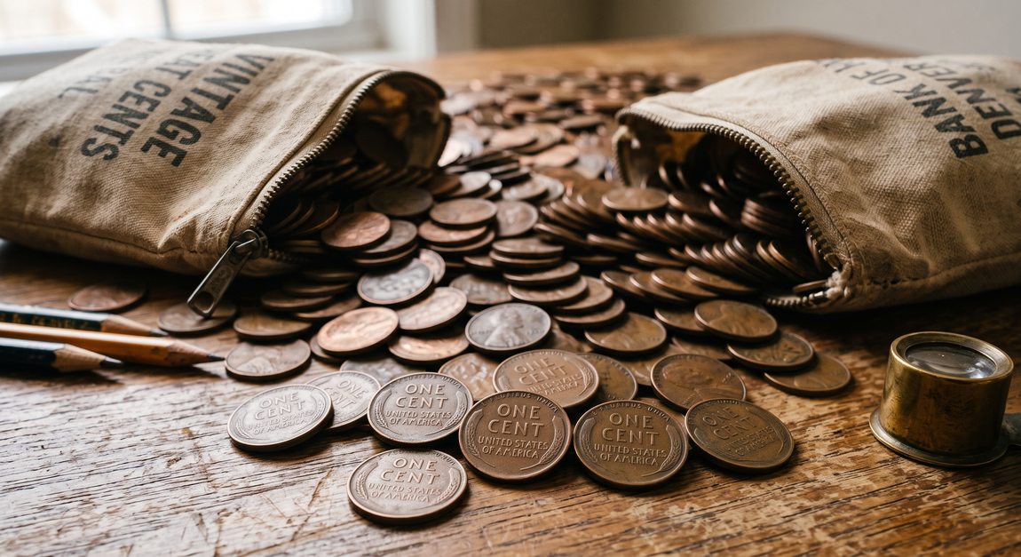 Hoard of vintage copper Lincoln Wheat Cents spilling from a canvas bank bag