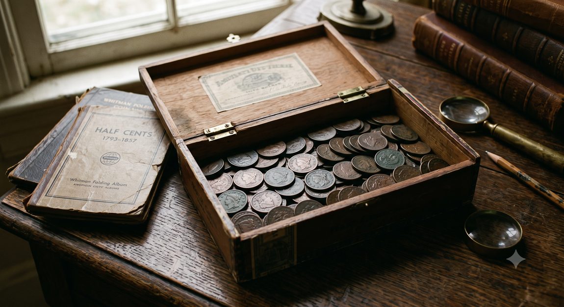 Inherited collection of early US copper half-cent coins in an antique wooden box