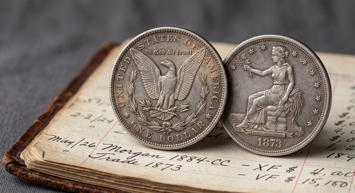 Macro shot of an 1884-CC Morgan Silver Dollar with visible mint mark alongside an 1873 Trade Dollar on an old ledger