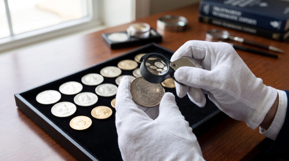 Numismatist in white gloves inspecting a 1904 Morgan Silver Dollar with a magnifying loupe beside a display tray of US dollar coins