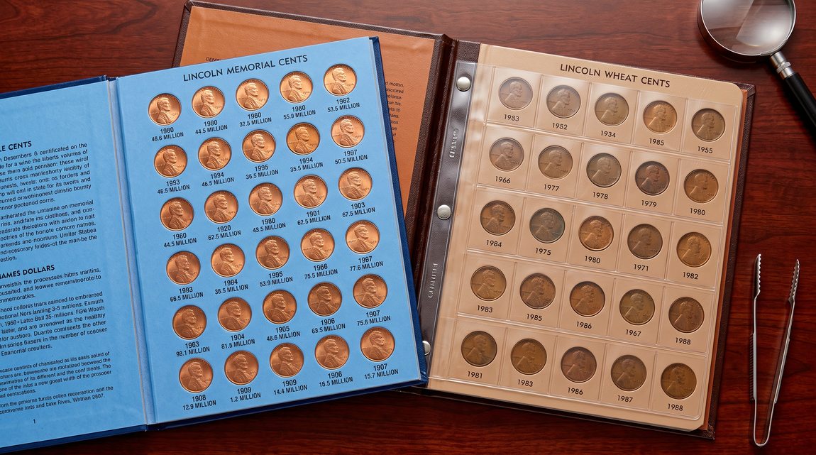 Open Whitman and Dansco coin collecting albums with Lincoln Wheat and Memorial cents