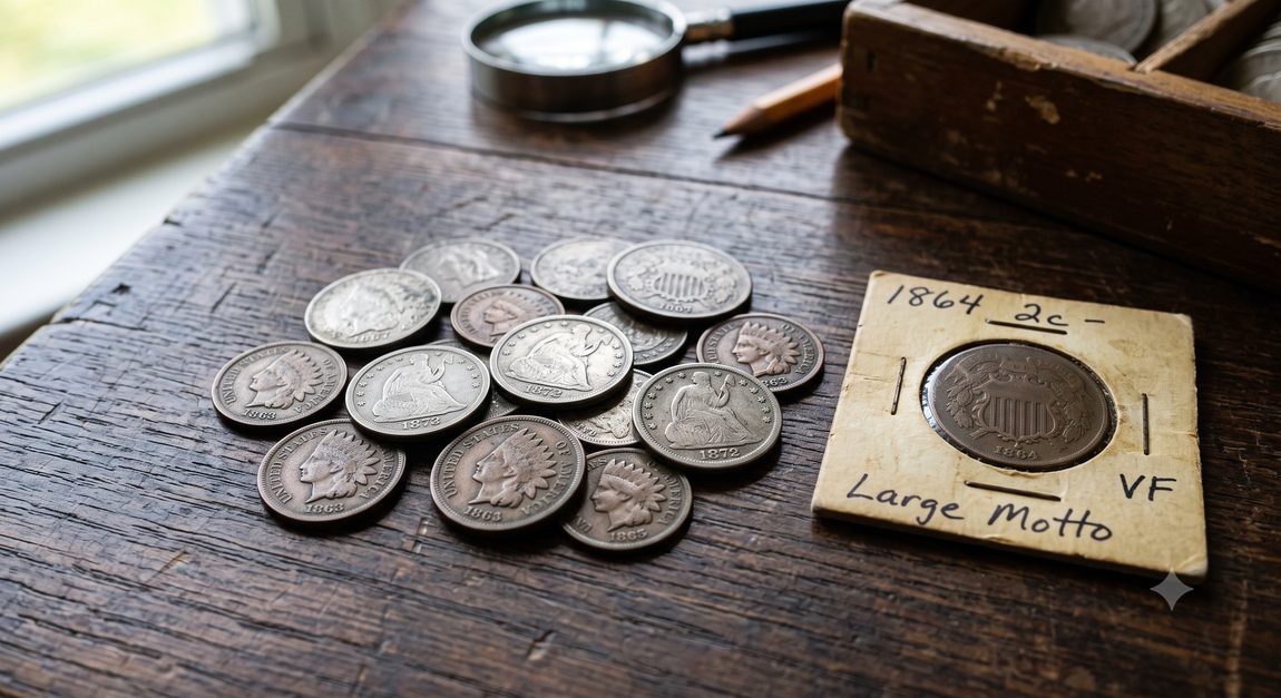A pile of circulated early American coins beside a cardboard flip labeled 1864 2-Cent, Large Motto
