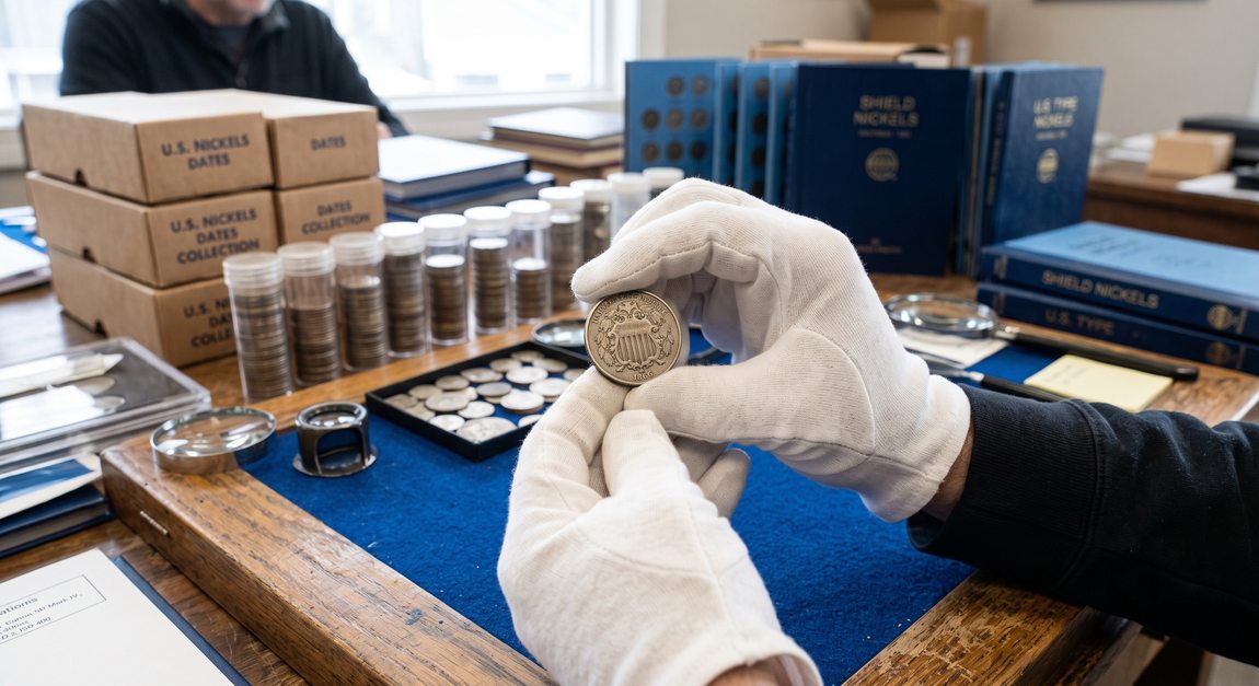 Professional coin dealer evaluating an American Shield Nickel from a large collection
