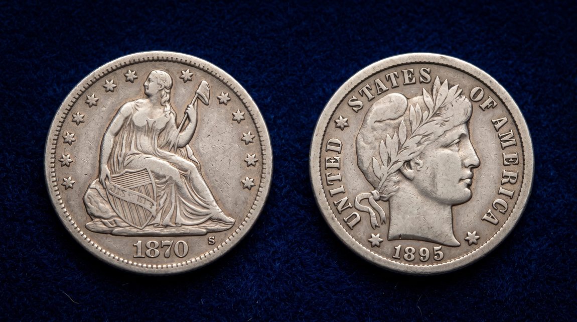 Rare 1870-S Seated Liberty Dime and 1895-O Barber Dime historical coins