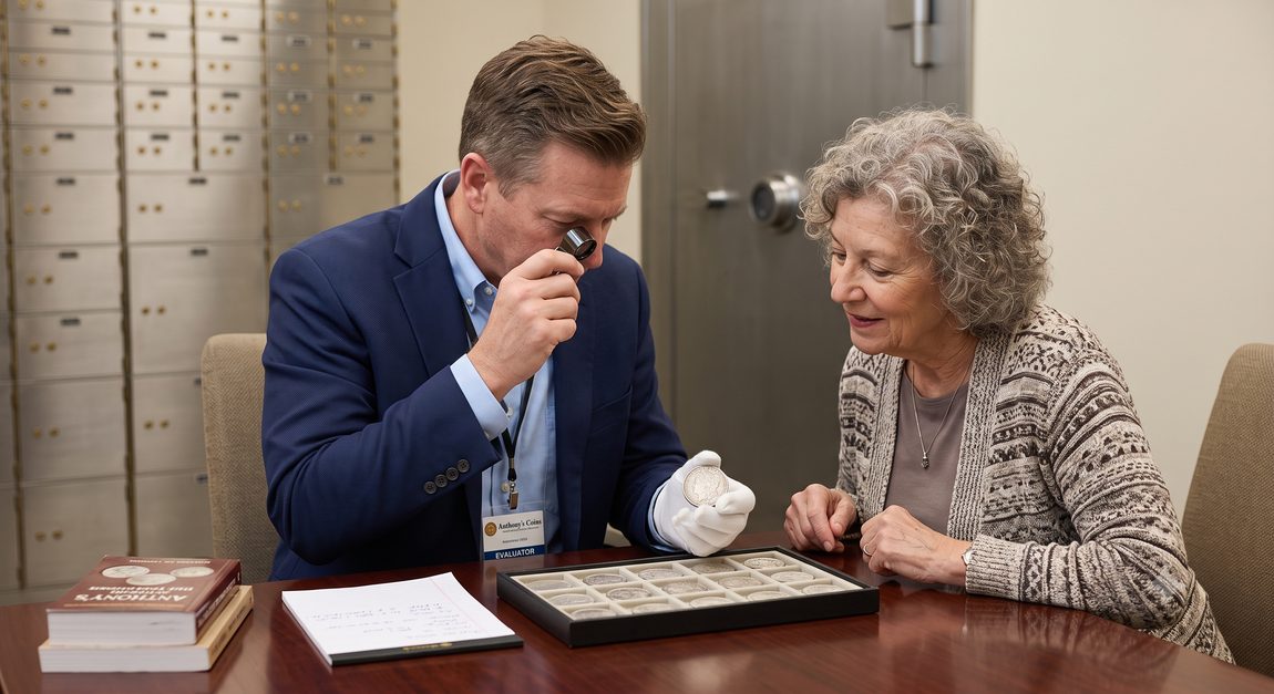 An Anthony's representative examining a client's Peace Dollars in a secure bank viewing room with safe deposit boxes