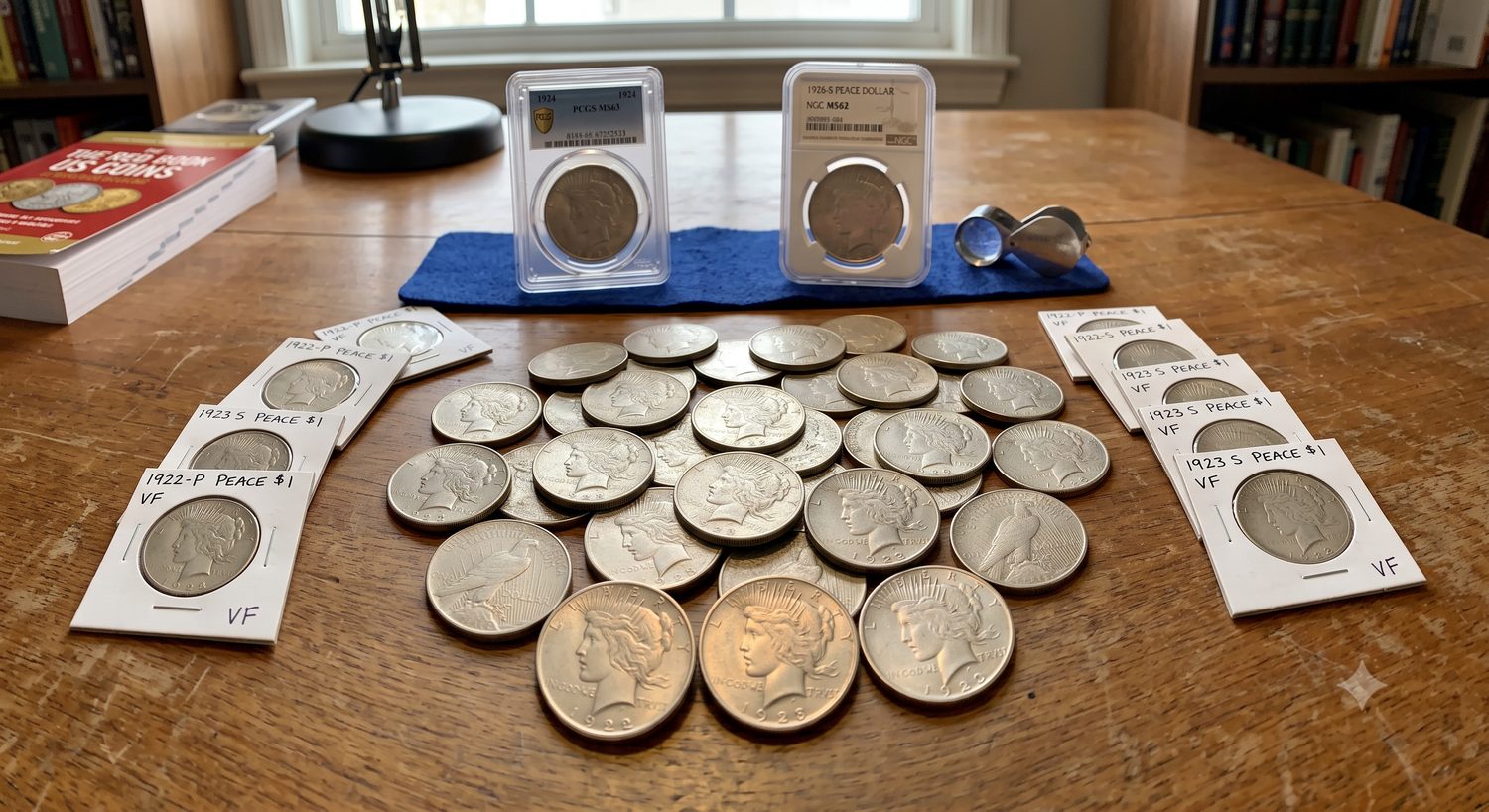 A pile of loose Peace Dollars, individually flipped coins, and two PCGS and NGC certified slabs