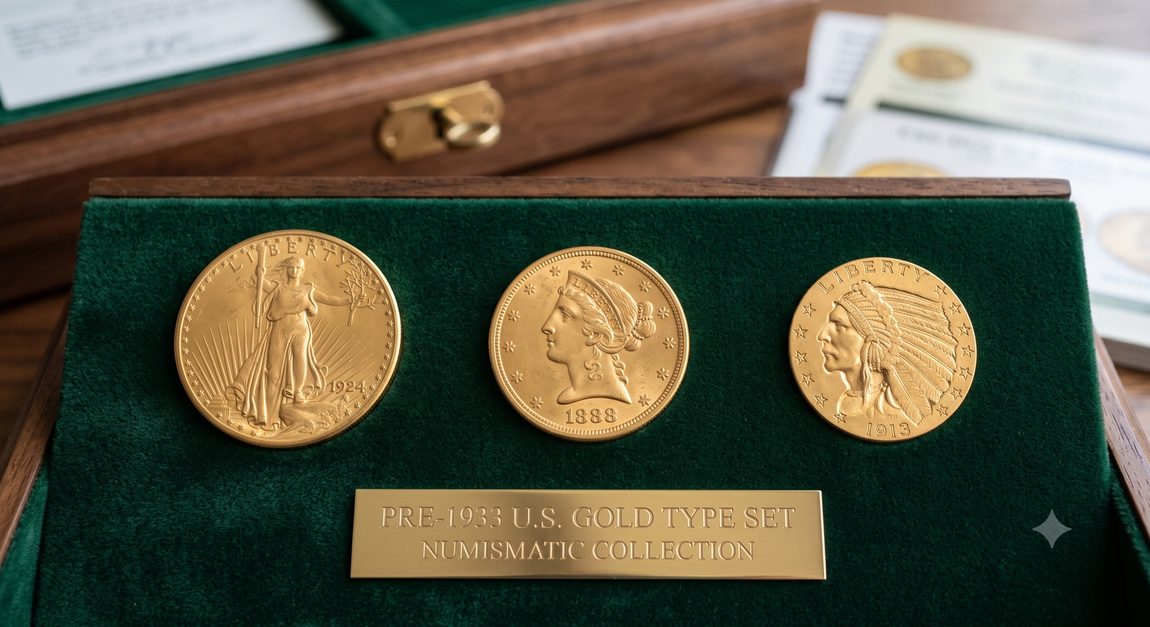 A Pre-1933 U.S. Gold Type Set featuring a 1924 Double Eagle, an 1888 Liberty Head, and a 1913 Indian Head gold coin
