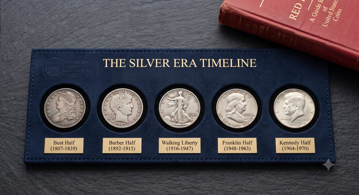 Top-down view of 'The Silver Era Timeline' display containing five half-dollars: Bust (1807-1839), Barber (1892-1915), Walking Liberty (1916-1947), Franklin (1948-1963), and Kennedy (1964-1970).