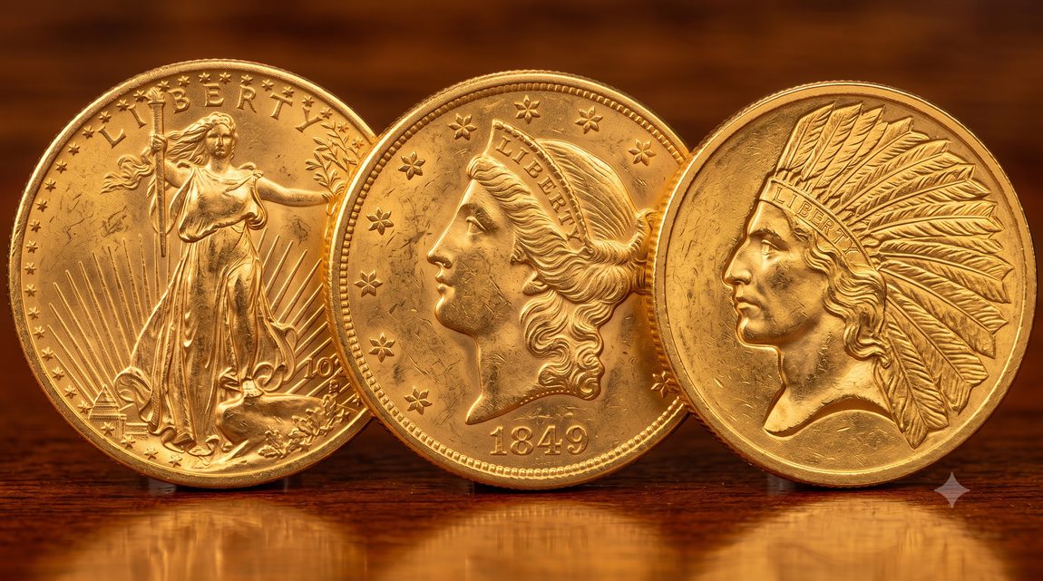 Three historic U.S. gold coins: a Saint-Gaudens Double Eagle, an 1849 Liberty Head coin, and an Indian Head gold coin