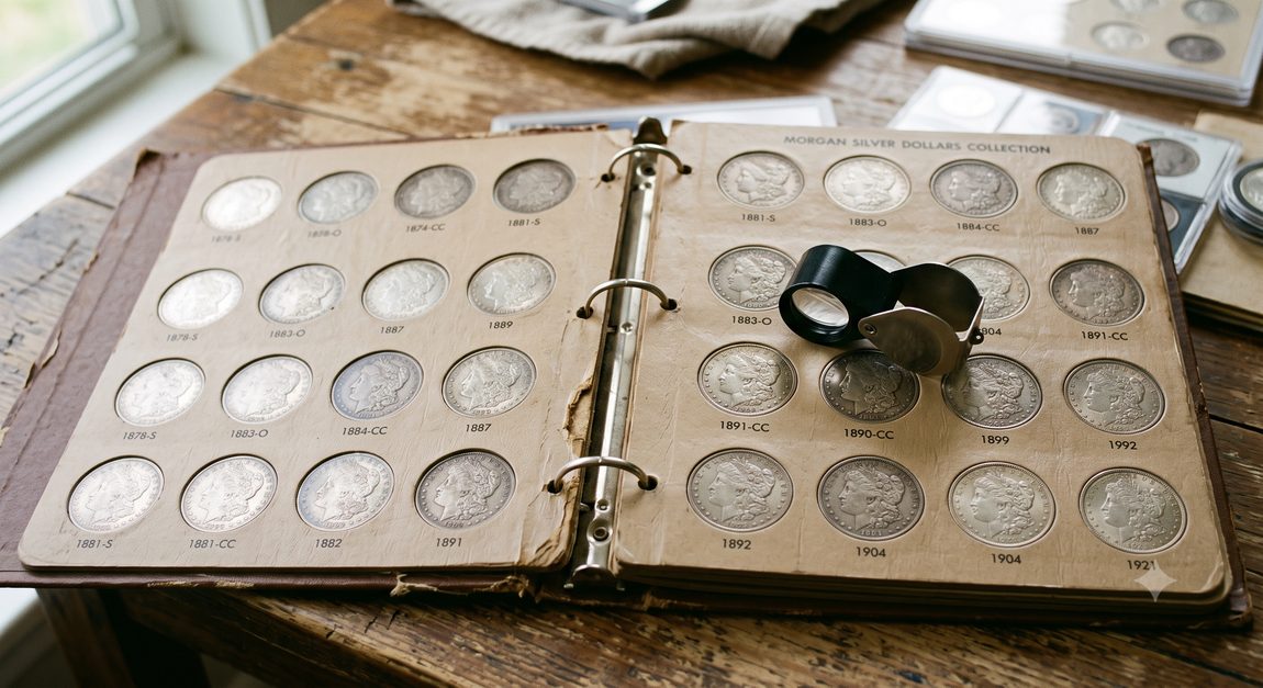A well-worn Dansco album filled with rows of silver Morgan Dollars, with a loupe resting on the page