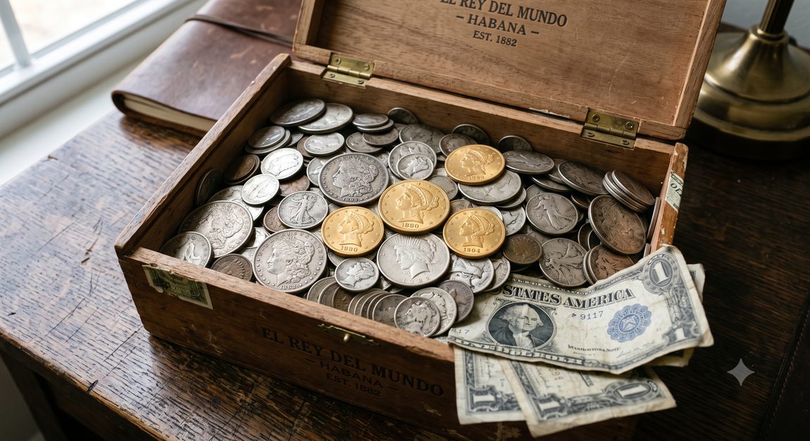 An antique cigar box filled with gold Liberty Head coins, silver Morgan and Peace dollars, and old paper currency