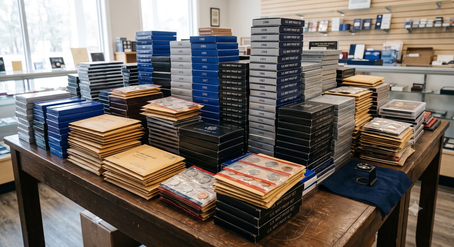 Dozens of U.S. Mint proof sets stacked together, including modern and vintage boxes and cello packs