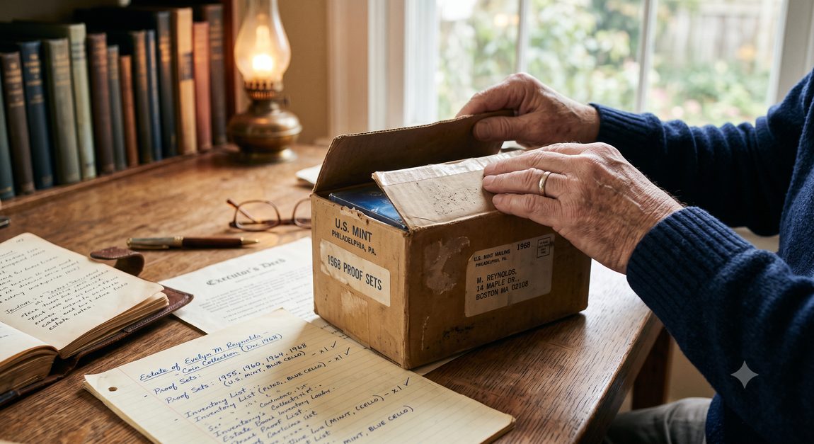 A vintage U.S. Mint mailing box being opened, resting beside handwritten estate inventory paperwork