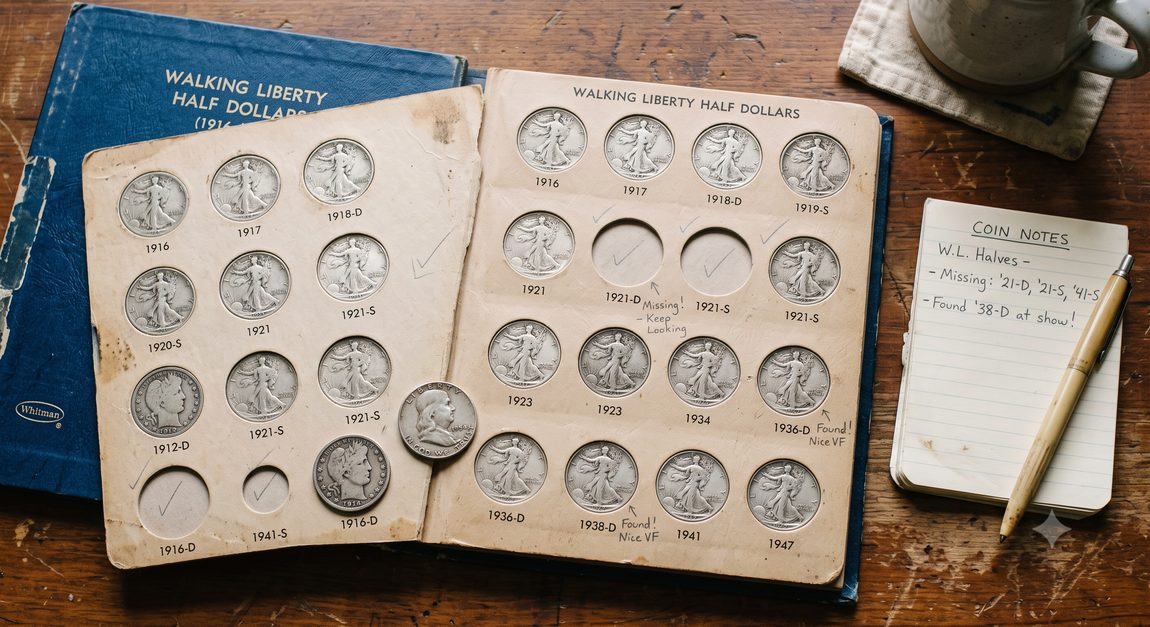 An aged, blue'Walking Liberty Half Dollars' Whitman coin album