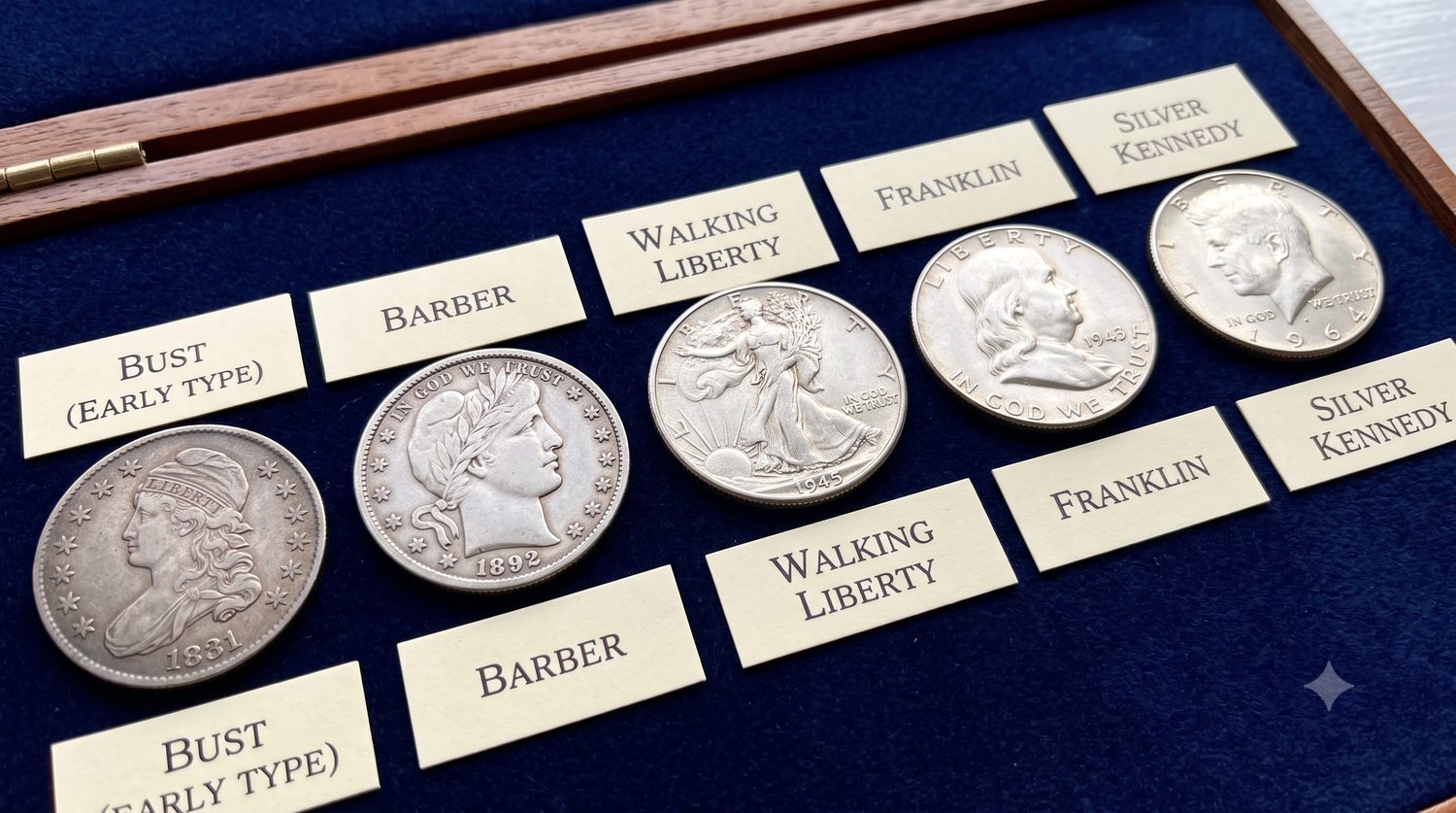 A collection of five US silver half-dollars showing different design eras. Includes Bust (1831), Barber (1892), Walking Liberty (1943), Franklin (1948), and Silver Kennedy (1964) coins.