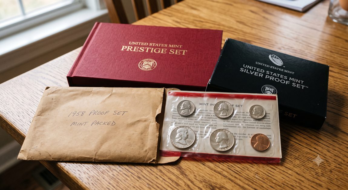 1958 U.S. Mint proof sets and a Prestige Set box on a table