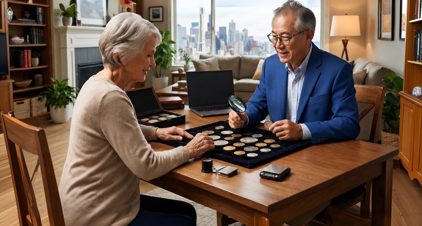 A couple examining a collection of coins together at home