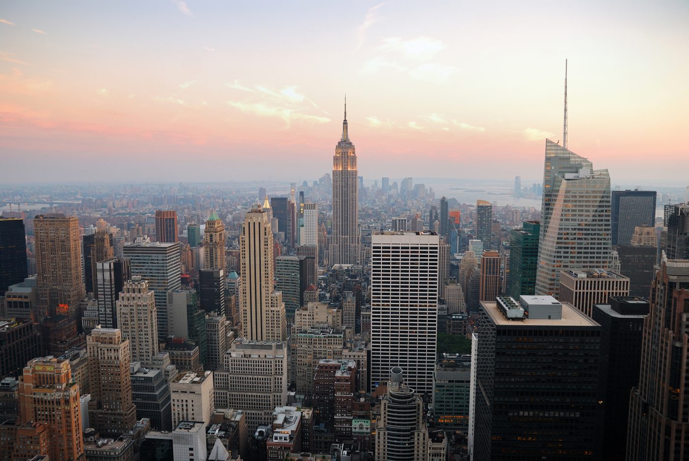 An aerial view of the Manhattan skyline and the Empire State Building