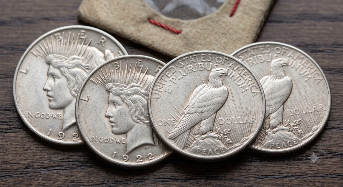 Four circulated Peace Silver Dollars showing the spike-crowned Liberty obverse and the perched eagle reverse