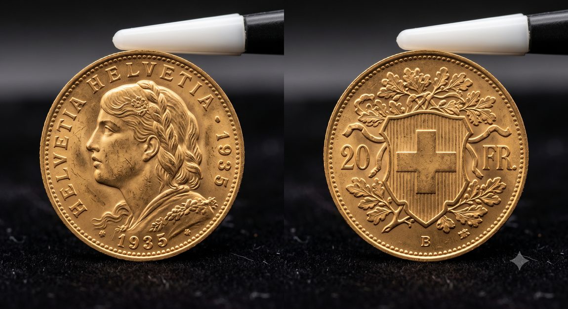 Front and back of a gold Swiss 20 Francs Vreneli coin