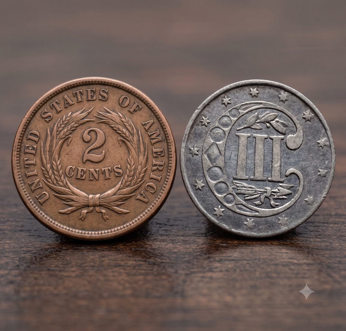 Front and back views of a copper 2-cent piece and a silver 3-cent piece side by side