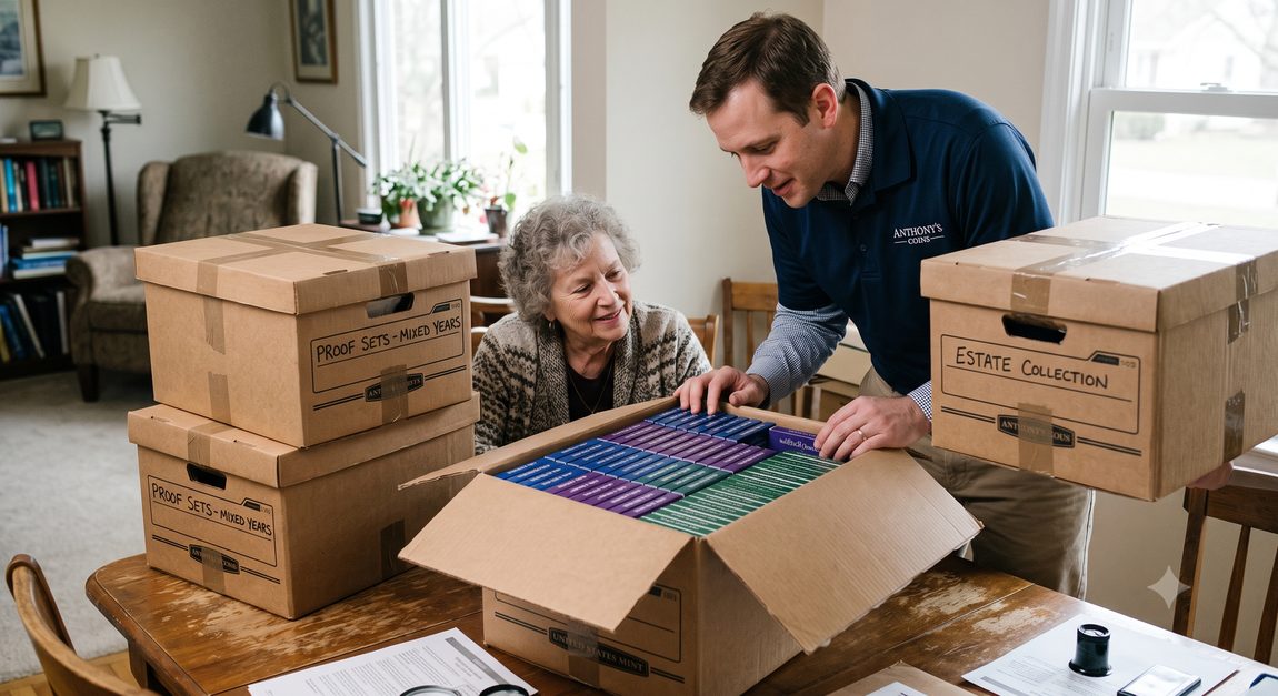 An Anthony's representative reviewing a client's proof set collection, with boxes labeled Proof Sets and Estate Collection