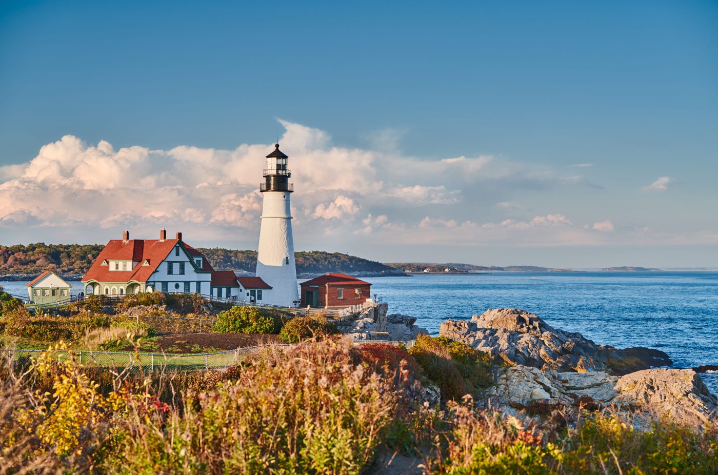 Portland Head Lighthouse on the Maine coast at sunset