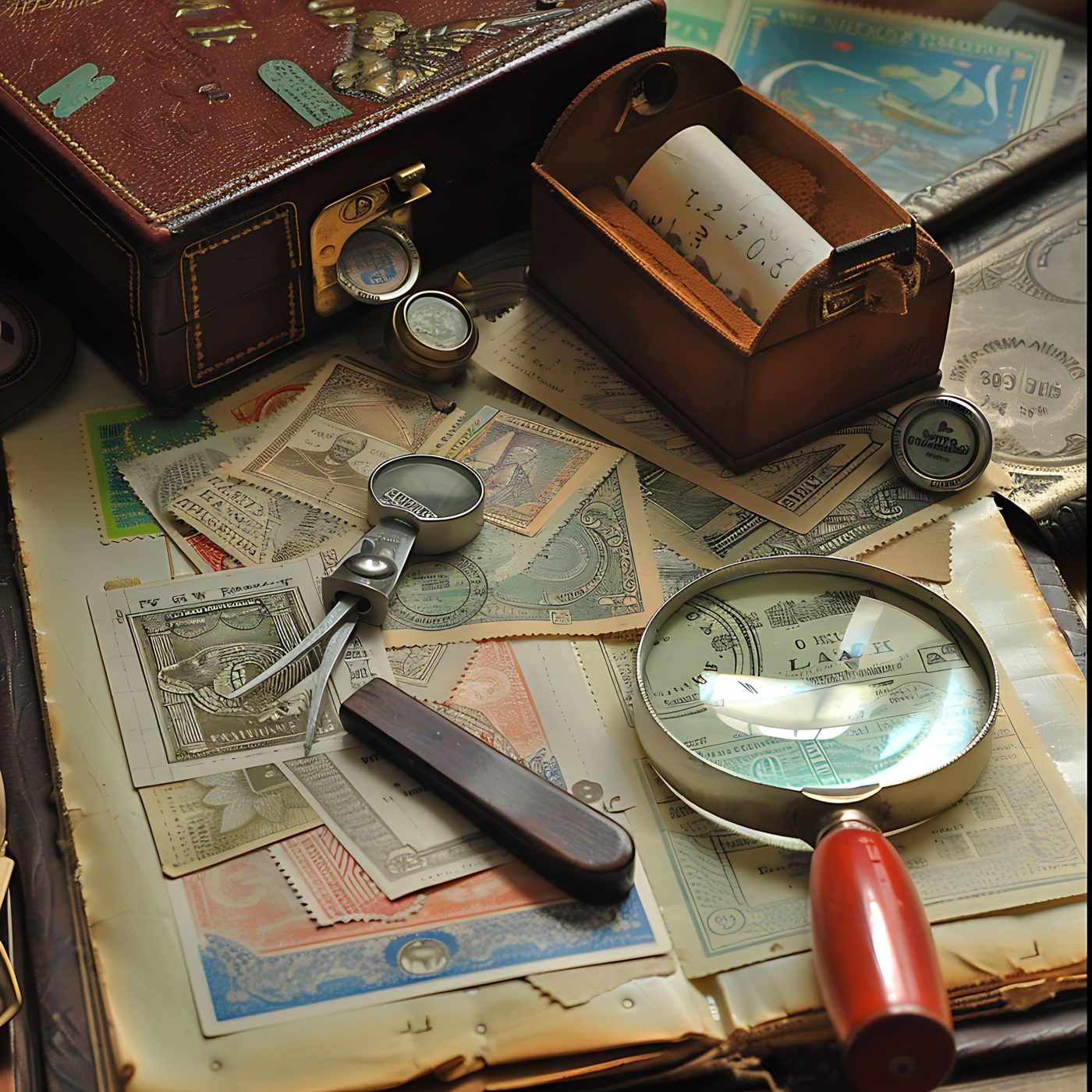 Vintage stamps and paper money reviewed with a magnifying glass