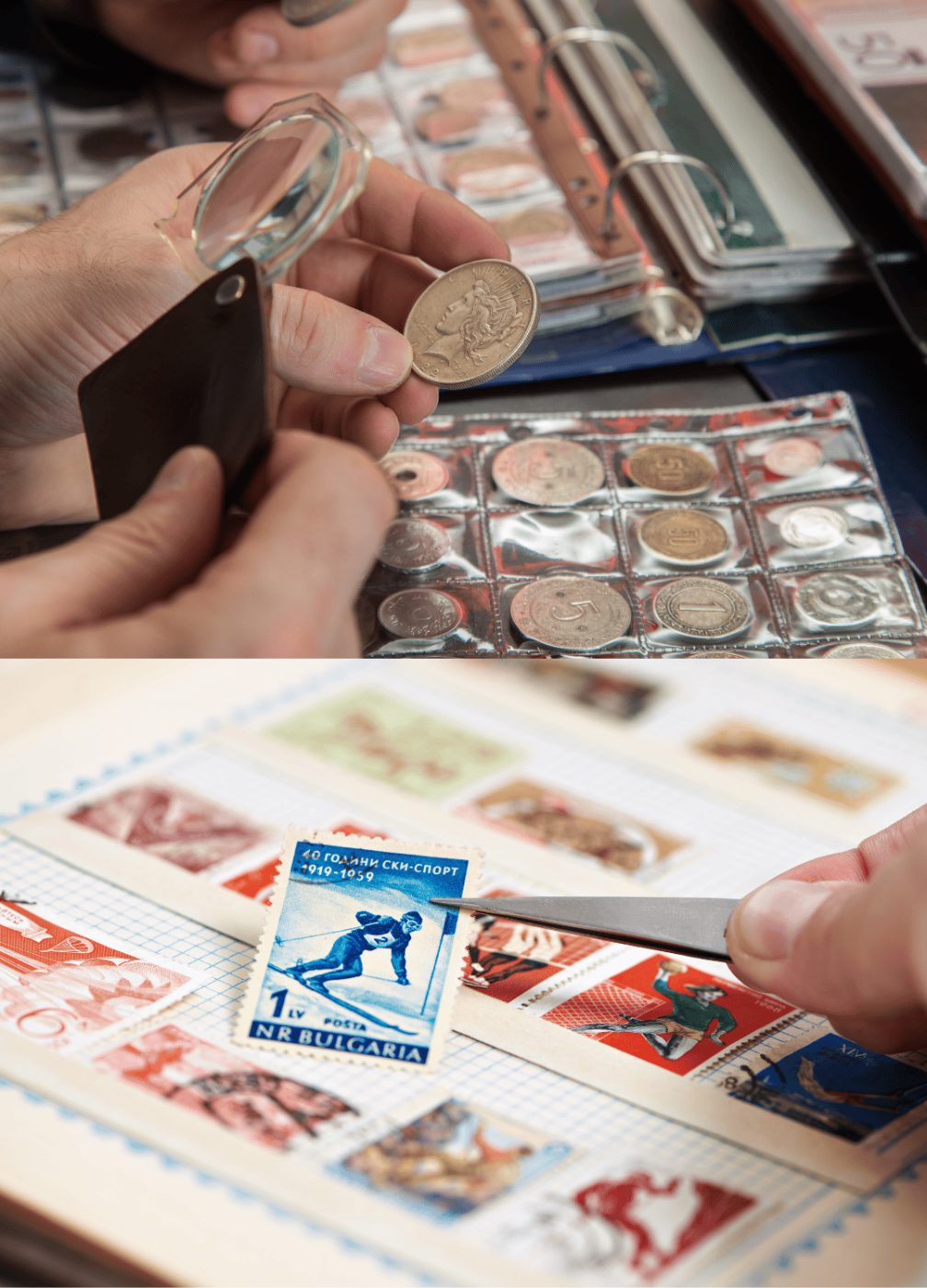 A collector examining a coin with a loupe next to a stamp album